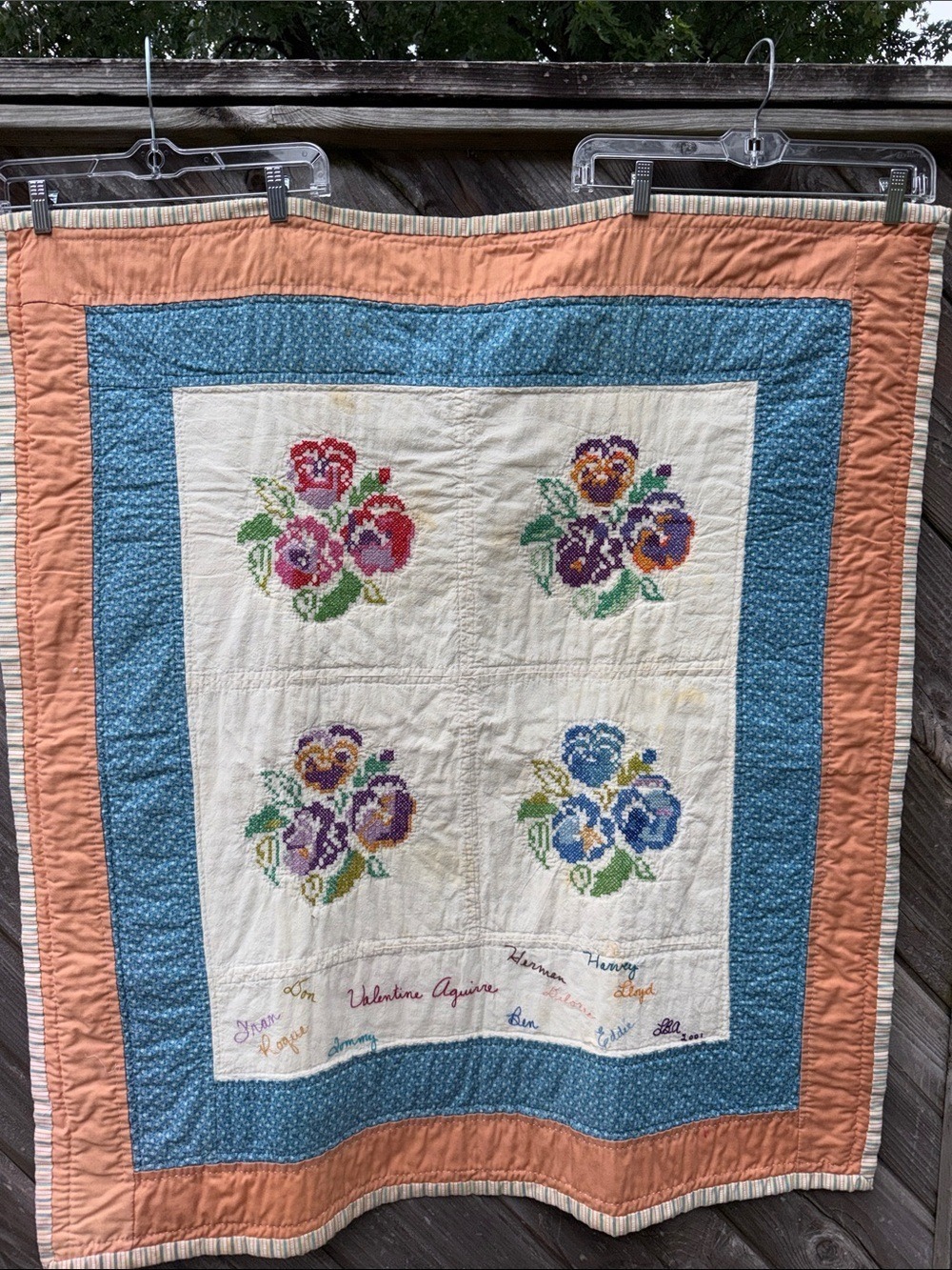 Vintage Patchwork Floral Hand Embroidered Quilt cotton heirloom blanket granny